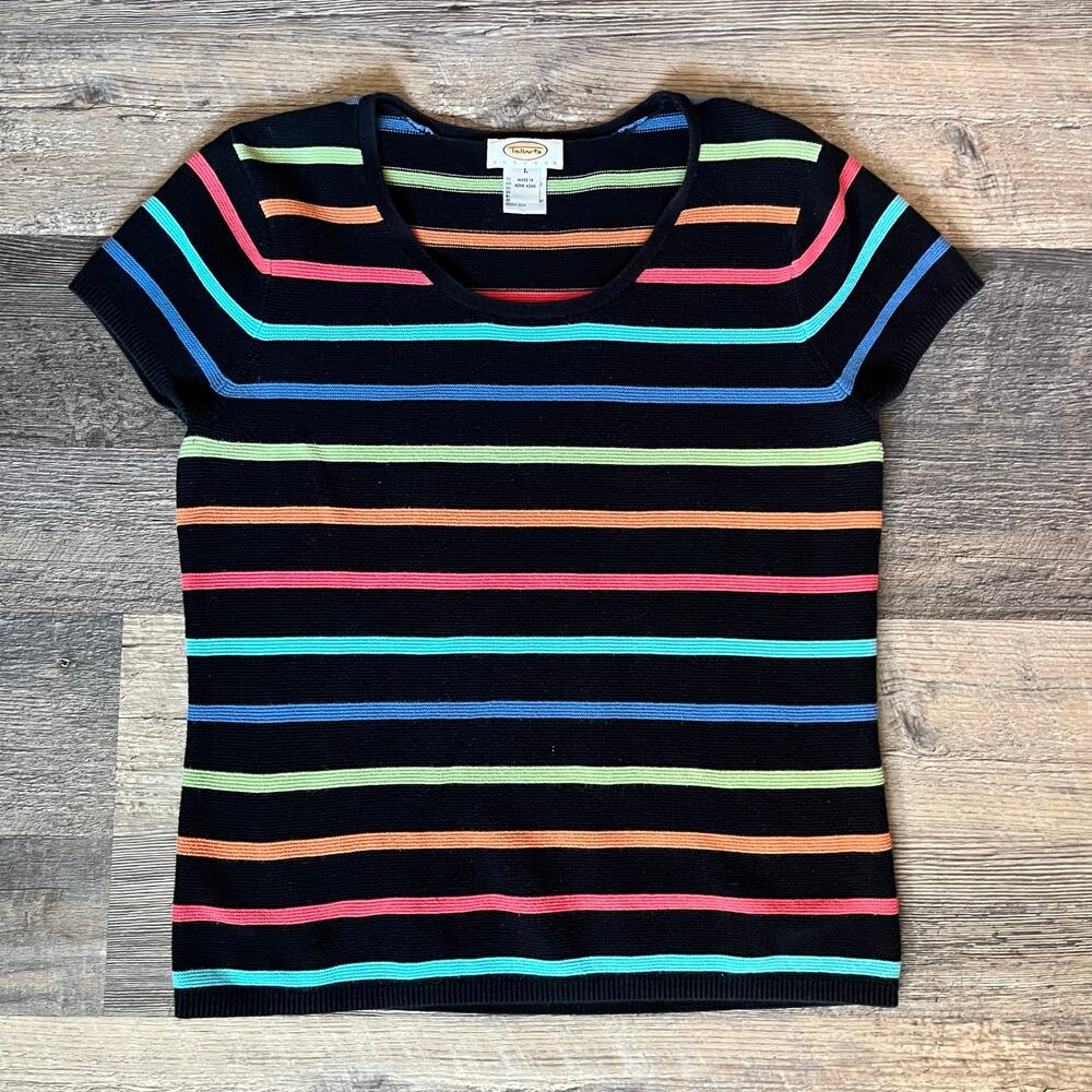 Vintage Talbots Women's L Black Multicolor Striped Cotton Knit Top